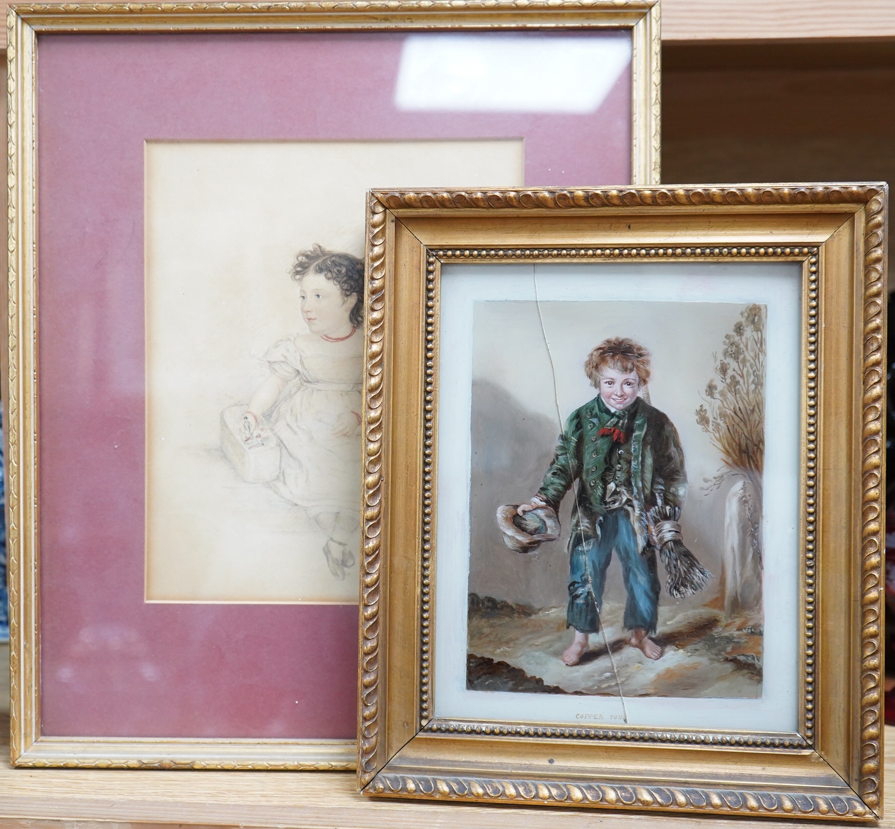 English School (19th century), Young girl seated playing with a doll, signed initials and dated 1834, pencil drawing heightened in red, together with a small oil on copper, study of a young beggar, inscribed 'Copper your